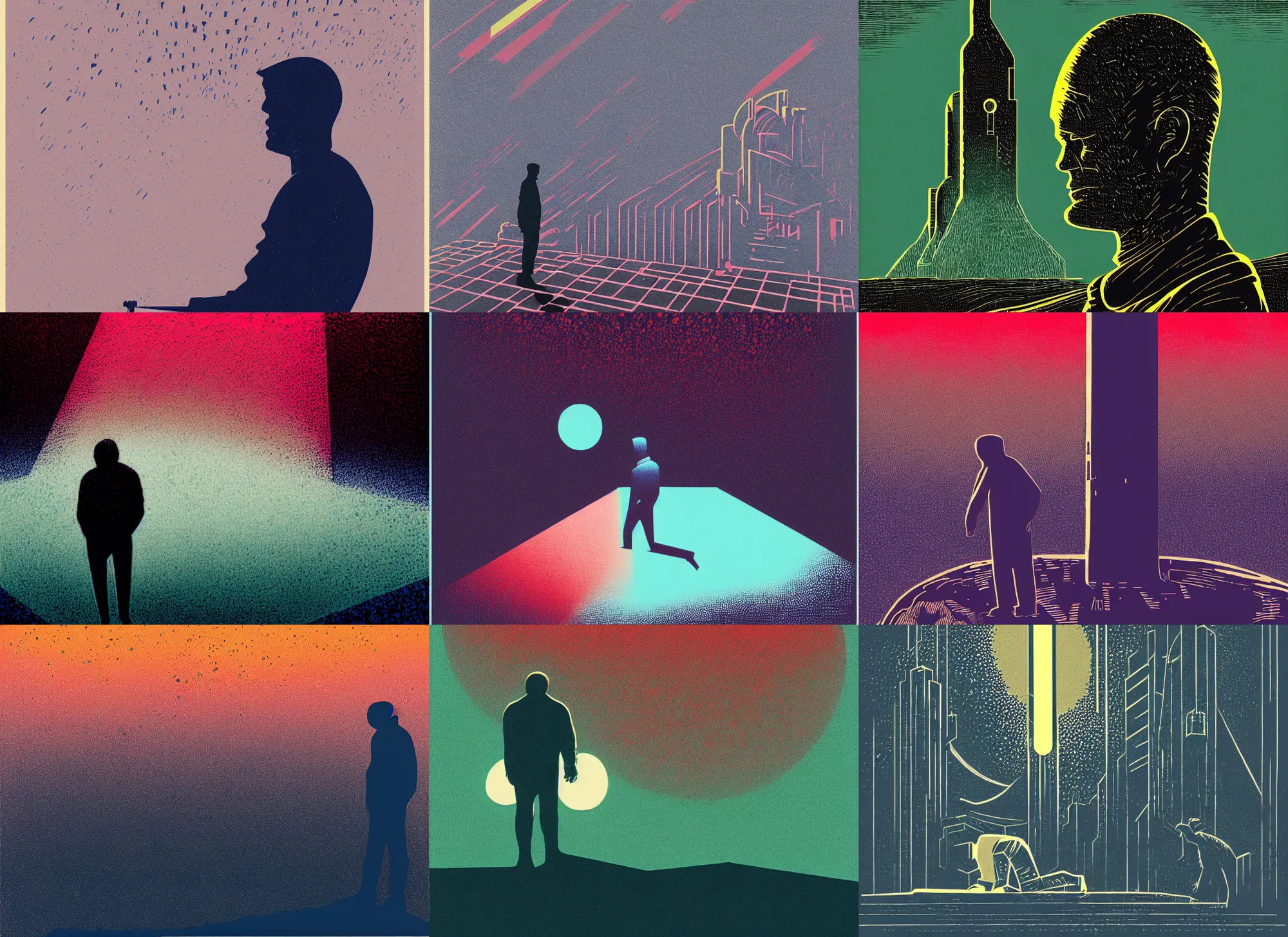 Prompt: linocut of neil armstrong, colorful, modern art deco, mads berg, karolis strautniekas, christopher balaskas, stippled light, fog, moody, fine texture, editorial illustration, dramatic lighting, dynamic composition, detailed, matte print, dynamic perspective, muted color, ( ( victo ngai ) ), wide angle