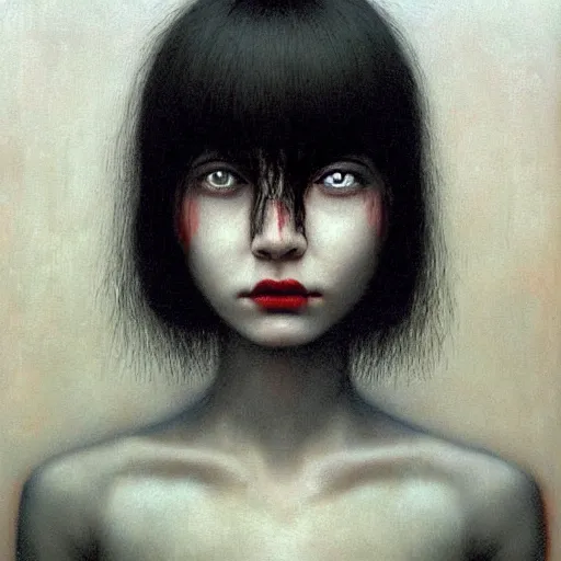 Prompt: portrait of pale 16 years old girl in red dress. She has short black hairs, painting by Beksinski