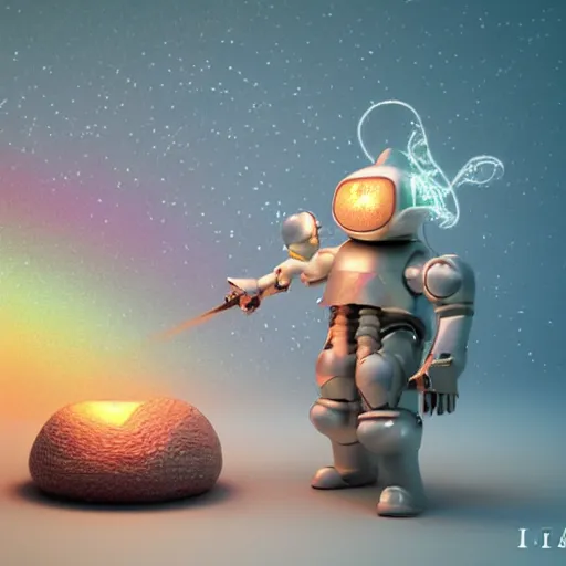 Image similar to 3 d render of light white rainbow medieval armour, waterfall, cybernetic mushroom people, tamborine, salt shaker, happy friend, fire, lamps, aurora, rave, isolate, wizard, ramen, wires, robot, money, corporate, business, pleading artstation hq, artstation hd, fantasy