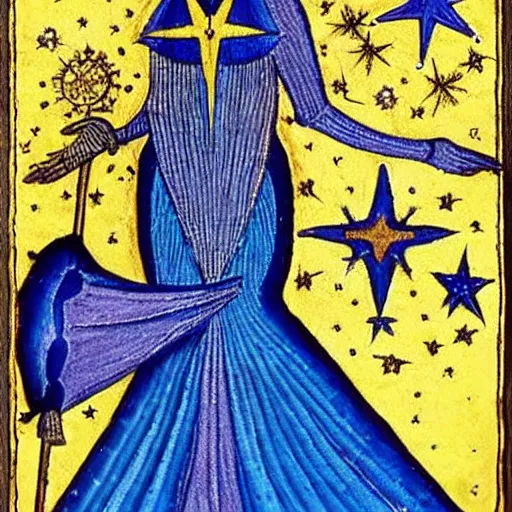 Image similar to melancholic medieval by paul laffoley, by jerry siegel. a computer art of a woman with wings made of stars, surrounded by a blue & white night sky. the woman is holding a staff in one hand, & a star in the other. she is wearing a billowing dress, & her hair is blowing in the wind.