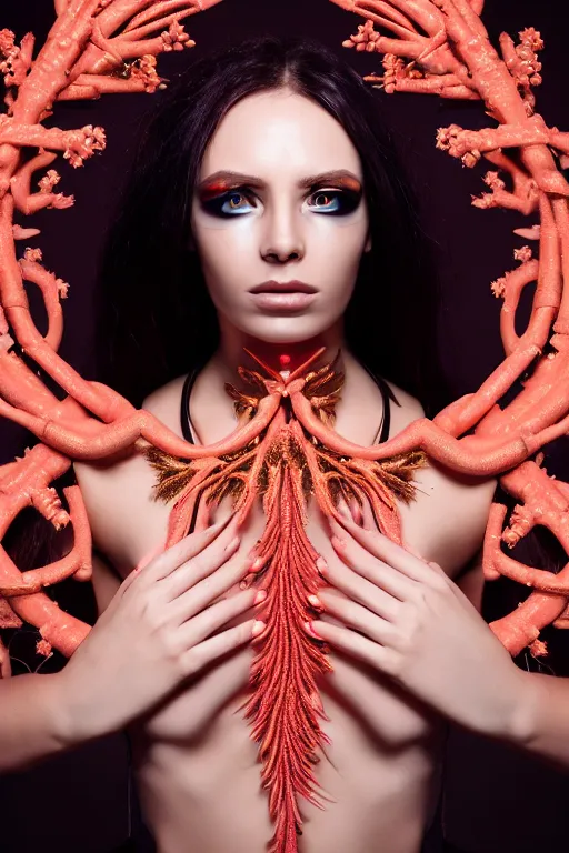 Image similar to beautifull cyberpunk woman model, wearing organic coral outfit, gold tendrils, luxury materials, symmetrical, cinematic, elegant, professional studio light, real dlsr photography, sharp focus, 4 k, ultra hd, sense of awe, high fashion