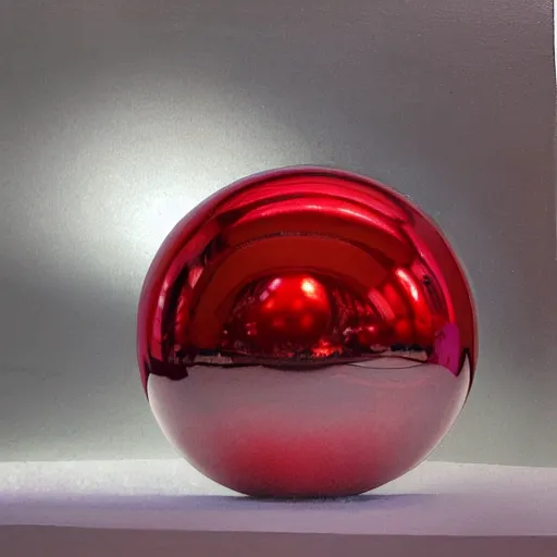 Prompt: chrome spheres on a red cube by clay witt