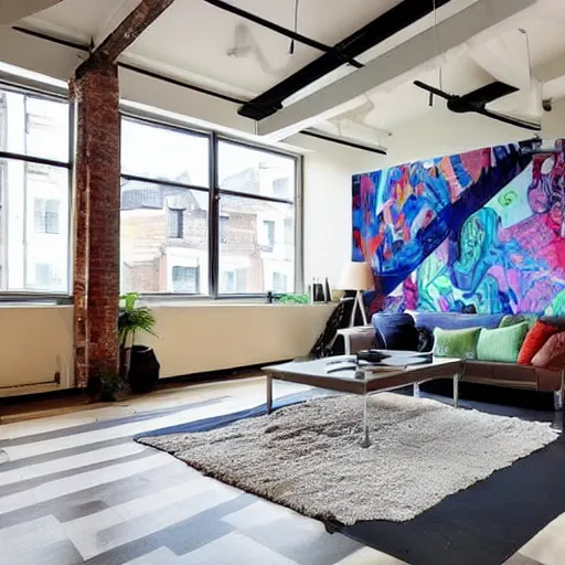 Prompt: trendy loft with modern murals on the wall, modern art and patterns, interior design, lovely architecture