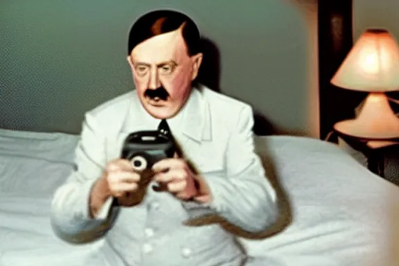 Image similar to hitler in bed playing the wii