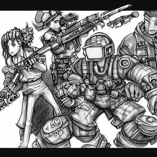 Image similar to timesplitters in the style of chrono trigger, concept art, highly detailed, pen on paper