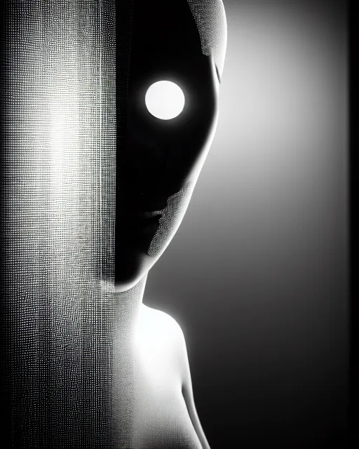 Image similar to black and white high quality photo of a beautiful female AI vegetal-cyborg looking into a sci-fi mirror, volumetric lighting, liminal space, brutalism, foggy, dreamy, hyperdetailed, bokeh, photorealistic, cinematic, masterpiece, elegant, dark, by Man Ray in the style of Horst P. Horst, octane render, 8K,