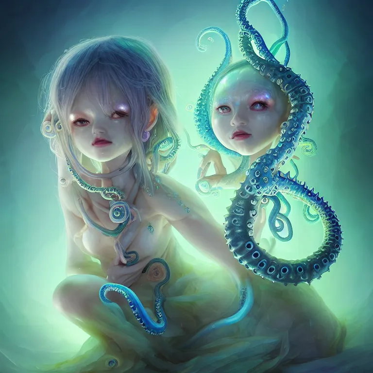 Image similar to A full shot of a cute magical monster Cryptid wearing a dress made of opals and tentacles. Chibi. Subsurface Scattering. Translucent Skin. Caustics. Prismatic light. defined facial features, symmetrical facial features. Opalescent surface. Soft Lighting. beautiful lighting. By Giger and Ruan Jia and Artgerm and WLOP and William-Adolphe Bouguereau and Loish and Lisa Frank. Sailor Moon. trending on artstation, featured on pixiv, award winning, sharp, details, intricate details, realistic, Hyper-detailed, HD, HDR, 4K, 8K.