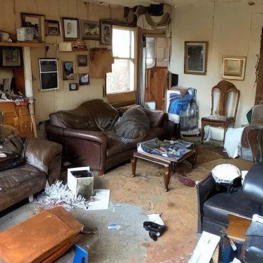 Prompt: a living room showing signs of wear and habitation. cluttered.