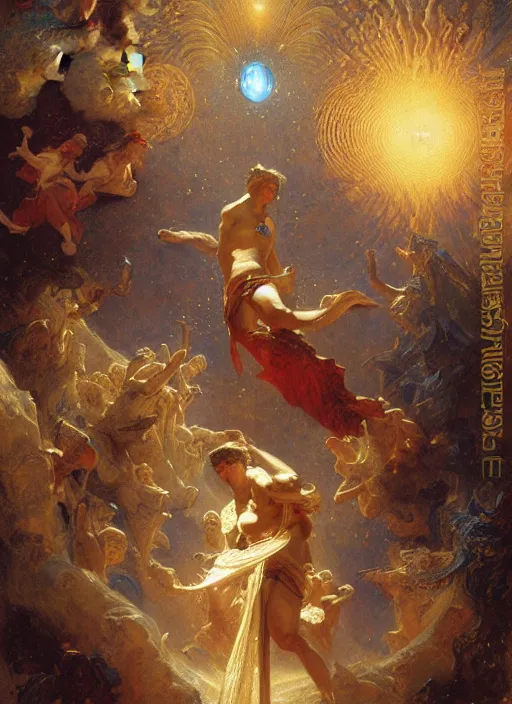 Image similar to the eighth sphere, the fixed stars : faith, hope, and love from dante's divine comedy. highly detailed painting by gaston bussiere, craig mullins, j. c. leyendecker 8 k