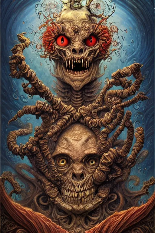 Image similar to A beautiful detailed grotesque monster super cute tarot card, by tomasz alen kopera and Justin Gerard, symmetrical features, ominous, magical realism, texture, intricate, ornate, royally decorated, mechanic, skeleton, whirling smoke, embers, red adornements, blue torn fabric, radiant colors, fantasy, trending on artstation, volumetric lighting, micro details, 3d sculpture, ray tracing, 8k, anaglyph effect, digital art