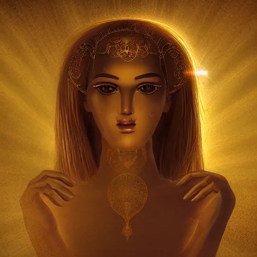 Prompt: dreamlike, portrait, goddess, golden shadows, light rays