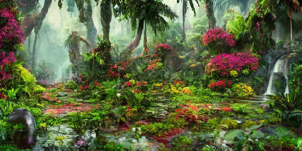 Prompt: An alien jungle, colorful flowers, pathway, reflection, rain, morning light, photorealistic, realistic, depth of field, temple ruins, high definition, soft light, high definition, detailed, 8k, artstation