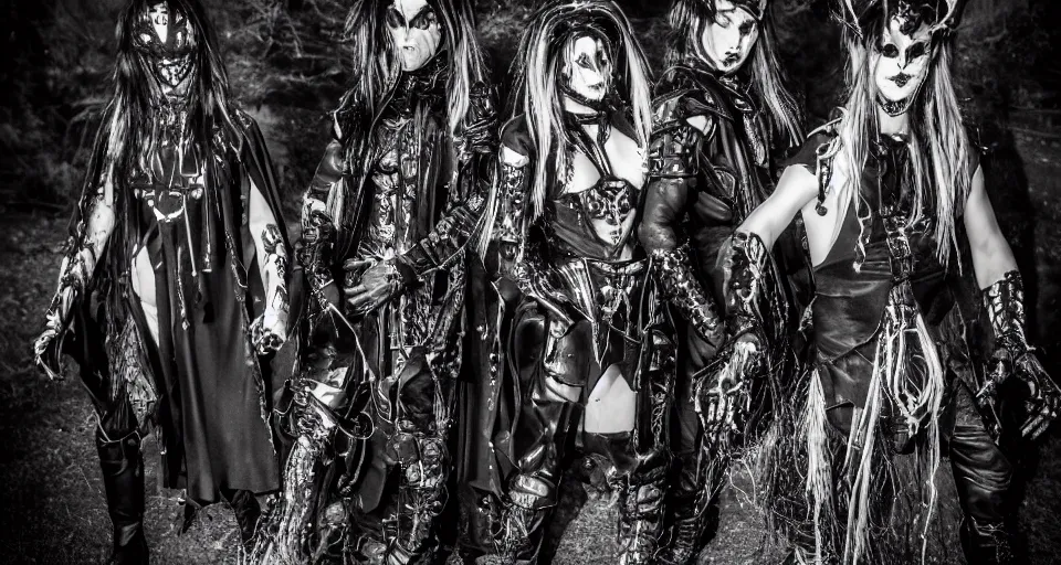 Prompt: Photography of a rock black cyber metal post human group with costumes inspired by insects