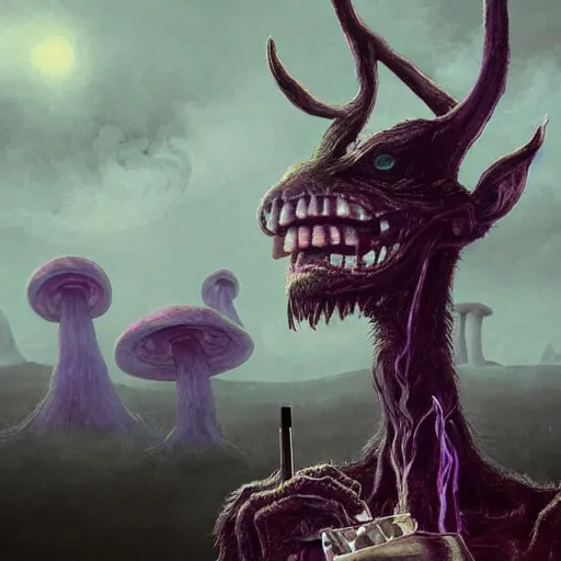 Image similar to 4 k headshot portrait of a psychedelic demonic anthropomorphic wendigo smoking a hand - rolled cigarette smoking heavily, magic mushroom village in background. award winning. superb resolution. in the art style of junji ito and greg rutkowski. detailed mushroom city in background. hyper realistic anime. perfect art. dalle 2