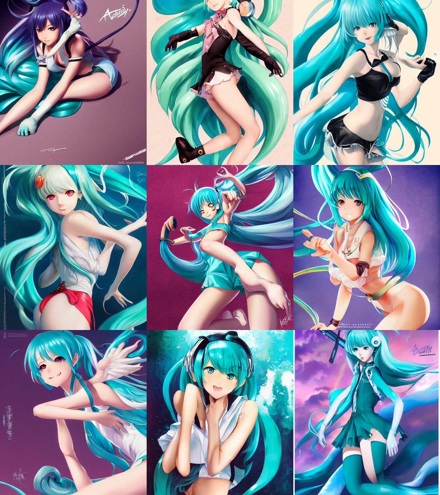 Prompt: anime art of beautiful Hatsune miku with beautifel legs by artgerm, rossdraws, magali villeneuve, Gil Elvgren, Alberto Vargas, Earl Moran,, Art Frahm, Enoch Bolles