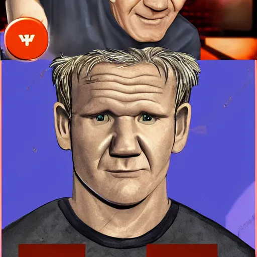 Image similar to Gordon Ramsay as a character in the game League of Legends, with a background based on the game League of Legends, detailed face