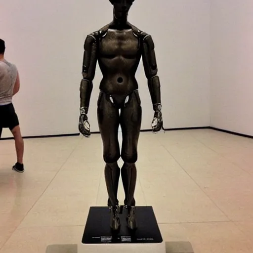 Image similar to “a realistic detailed photo of a guy who is an attractive humanoid who is half robot and half humanoid, who is a male android, British diver Jack Laugher, shiny skin, posing like a statue, blank stare, at the museum, on display”