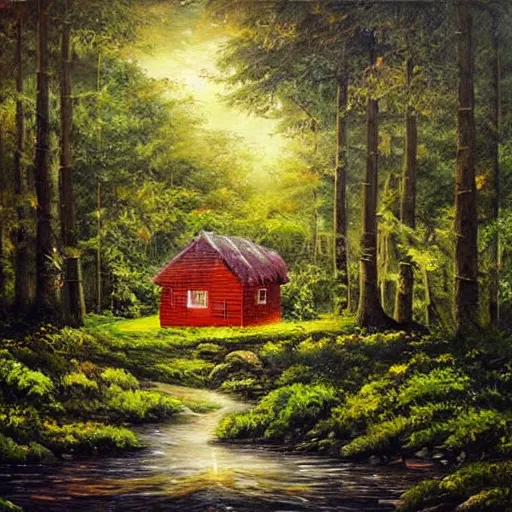 Image similar to oil painting, small house in the forest deep view, with amazing three's and fairytale around, 8 k, amazing illustration trending