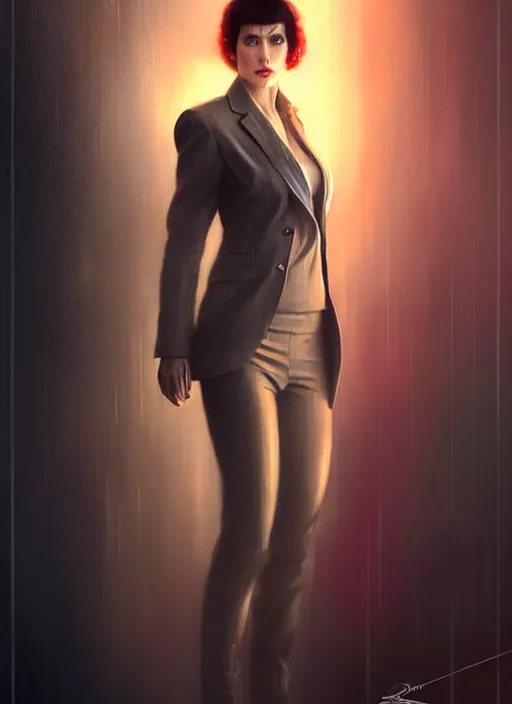 Image similar to ! dream hyper realistic portrait gorgeous, beautiful rachael rosen from blade runner set in modern times, fully clothed in a women's suit from the future, by greg rutkowski, scott m fischer, artgerm, loish, slight glow, atmospheric, anne stokes, alexandros pyromallis,
