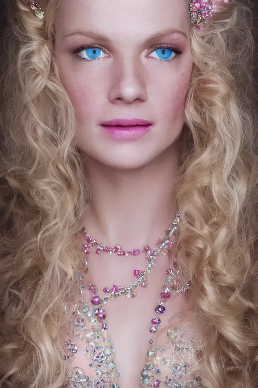 Prompt: close up headshot of a princess with long blonde hair and light blue eyes wearing a strapless elaborately beaded pink dress, high resolution film still, 8k, HDR color, film by Simon Langton and David Frankel, triangular face, very light freckles, round narrow chin, straight jawline, natural lips, high cheekbones, beautiful gazing eyes