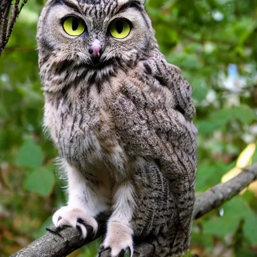 Prompt: cat owl hybrid perched on a tree