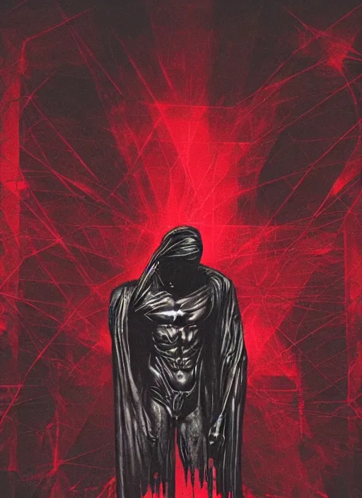 Image similar to dark design poster showing a greco roman statue, death, black background with very subtle red and purple design elements, powerful, nekro, vito acconci, thin straight lines, dark, glitch art, neo vaporwave, gritty, layout frame, square, trending on artstation