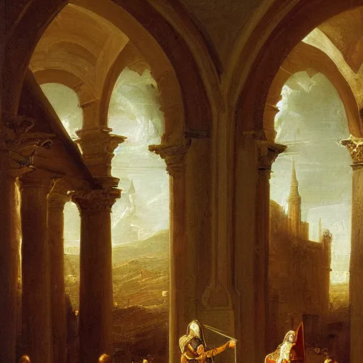 Prompt: an oil painting of a knight wearing plate armor in a church, 4 k, highly detailed, painted by thomas cole