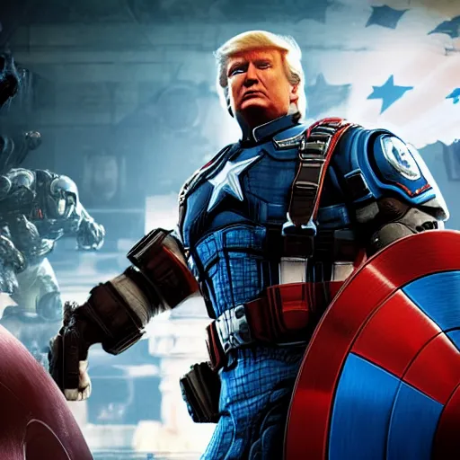 Image similar to portrait of donald trump as captain america in gears of war, splash art, movie still, cinematic lighting, dramatic, glowing, ray tracing, octane render, long lens, shallow depth of field, bokeh, anamorphic lens flare, 8 k, hyper detailed, 3 5 mm film grain