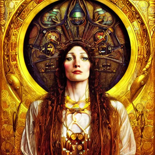 Image similar to baroque portrait of an art deco machine priestess, reflective detailed textures, highly detailed fantasy science fiction painting by annie swynnerton and jean delville and moebius, norman rockwell and william holman hunt. modern industrial shaman, rich colors, high contrast. artstation