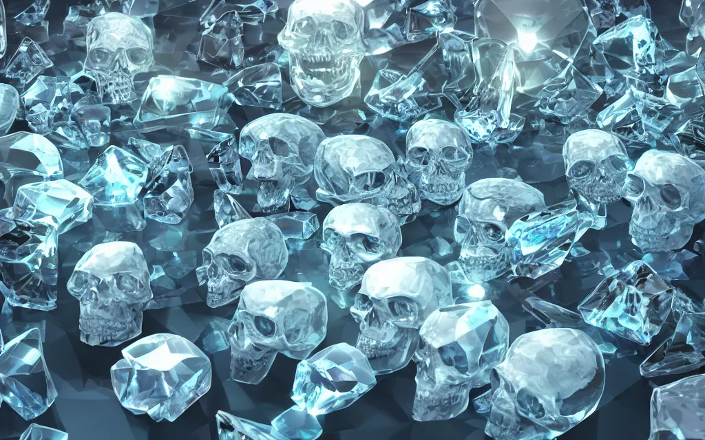 Prompt: crystal skulls, by charlie bowater, isometric, chroma colors, rim lighting, 8 k, polygon, paradox, screen space global illumination, volumetric light, transparent, liquid crystal, ray tracing reflections