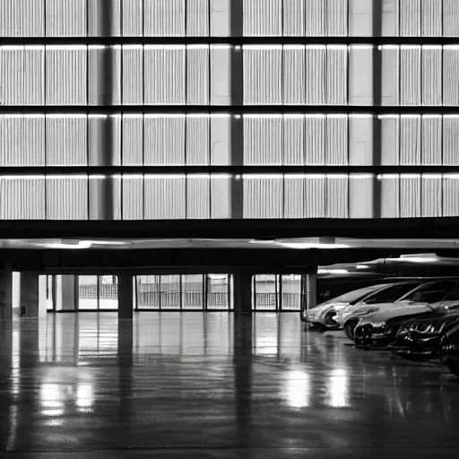 Prompt: a dimly lit parking garage with a capybara standing in the distance