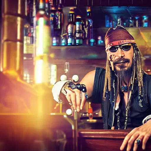 Image similar to high quality portrait of a pirate bartender in a cyberpunk cyberpunk cyberpunk cafe, realism, 8k, award winning photo