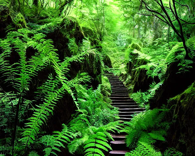 Prompt: Fern canyon in Oregon, stone stairway, overgrown lush plants, atmospheric, cinematic, by Studio Ghibli