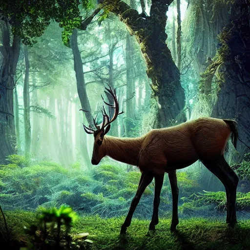 Image similar to beautiful elven celestial stag. beautiful highly detailed forest background. green and blue light. accurate, sci - fi concept art, intricate, elegant, long shot 8 k rendering.