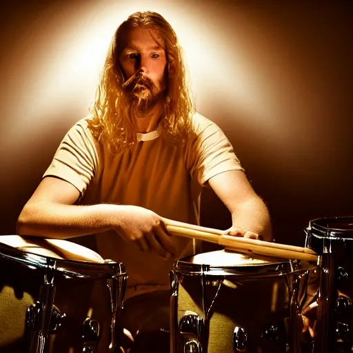 Image similar to award winning photograph of a blonde man with a goatee and long hair plays an amazing drum set, dramatic lighting,