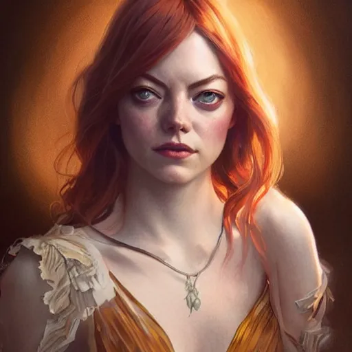 Image similar to Emma Stone , D&D, fantasy, intricate, cinematic lighting, highly detailed, digital painting, artstation, concept art, smooth, sharp focus, illustration, art by Artgerm and Greg Rutkowski and Alphonse Mucha