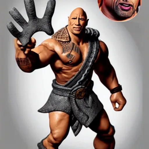 Prompt: dwayne the rock johnson, but he is a dungeons and dragons tiefling. he has overalls and grey skin.