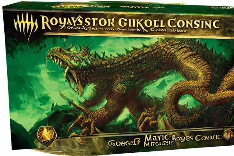 Image similar to a giant monster epic royal stone basilisk, gold green creature, magic : the gathering