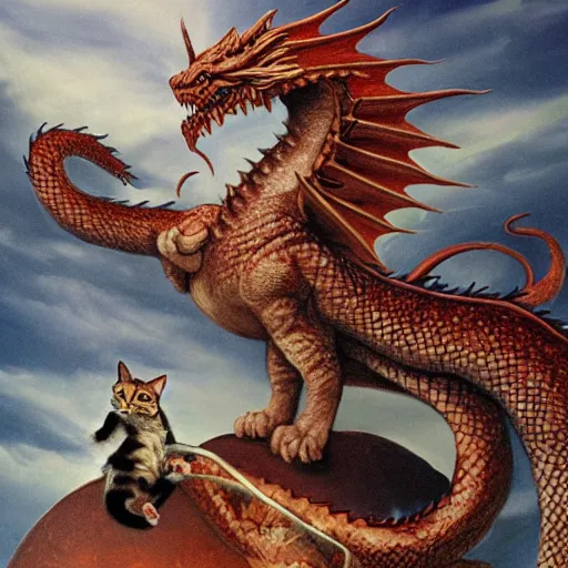 Prompt: Cat riding on the back of a huge dragon, detailed