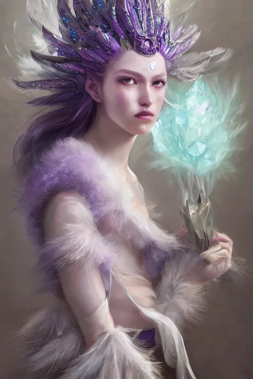 Image similar to beautiful princess with face covered with purple crystals wearing frost feathers, diamonds, angel, fantasy, dramatic lighting, highly detailed, digital painting, magic the gathering, 3 d render, hyper realistic detailed portrait, peter mohrbacher, wlop, ruan jia