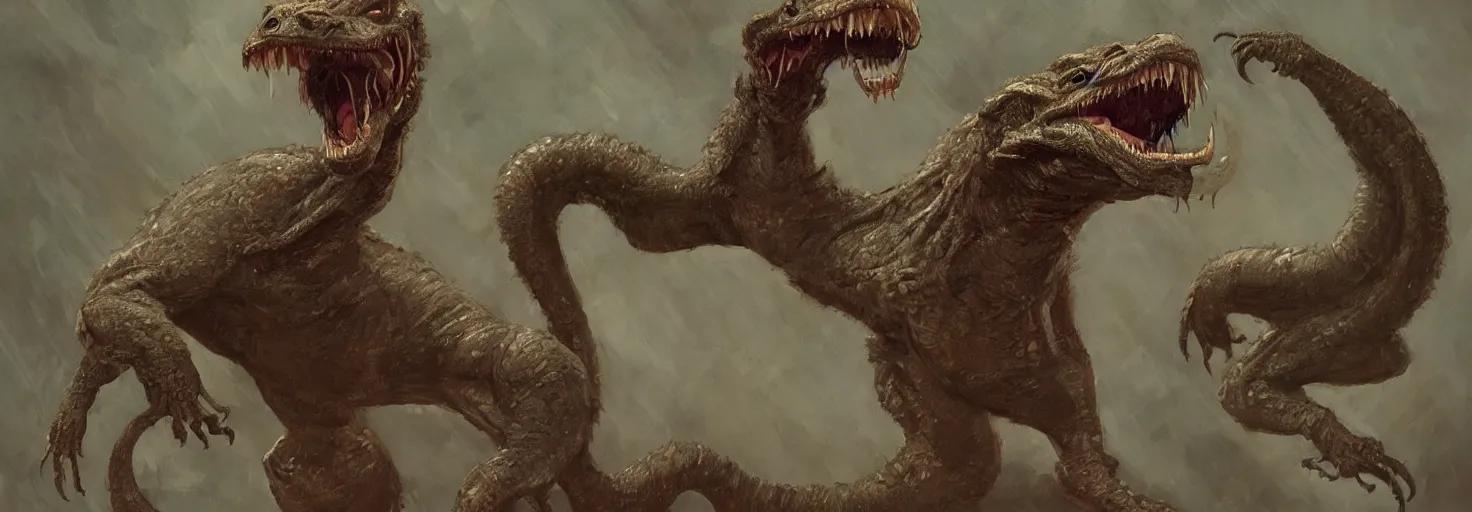 Image similar to full bodyshot!! symmetry!! a cross between a komodo dragon and a ferret, with a vipers head!! multiple rows of teeth in mouth, sleek dark fur!! dark fantasy, oil painting, in the style of frank frazetta, in the style of boris vallejo, top teir artstation, deviantart, pinterest