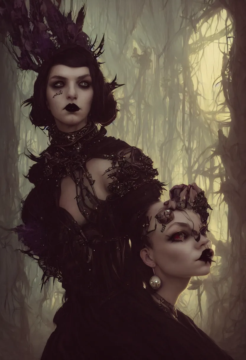 Prompt: beautiful very extreme closeup portrait, reflection in mirrors, goth girl, piercings collar, mohawk hairstyle, medieval dress. witch, makeup. unreal engine, greg rutkowski, loish, rhads, beeple, tom bagshaw, alphonse mucha, global illumination, detailed and intricate environment