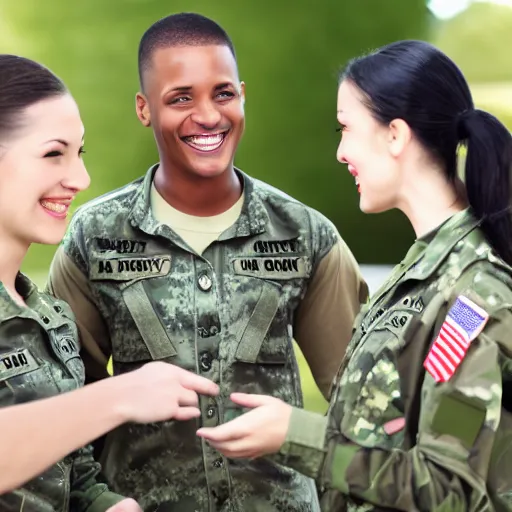 Image similar to attractive woman veteran wearing an army shirt talking with friends