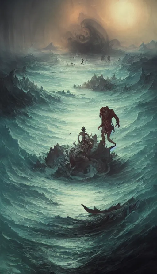 Image similar to man on boat crossing a body of water in hell with creatures in the water, sea of souls, by peter mohrbacher