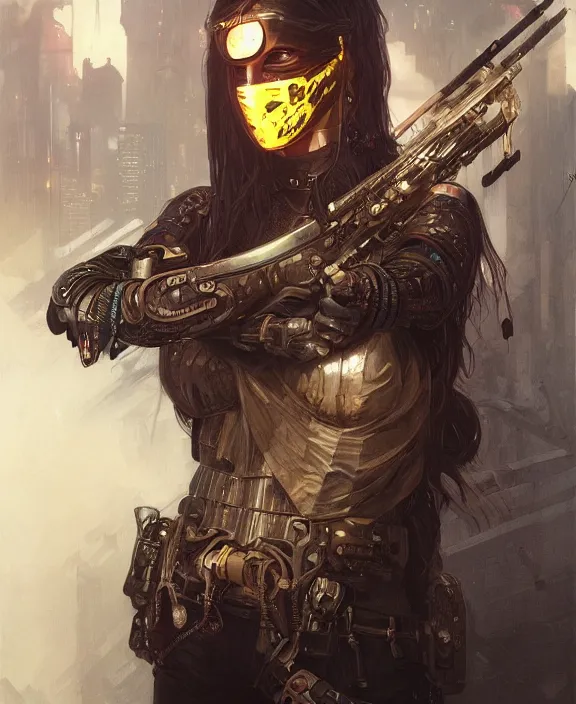 Prompt: portrait of a cyberpunk masked warrior, half body, glowin eyes, d & d, fantasy, intricate, elegant, highly detailed, digital painting, artstation, concept art, art by artgerm and greg rutkowski and alphonse mucha