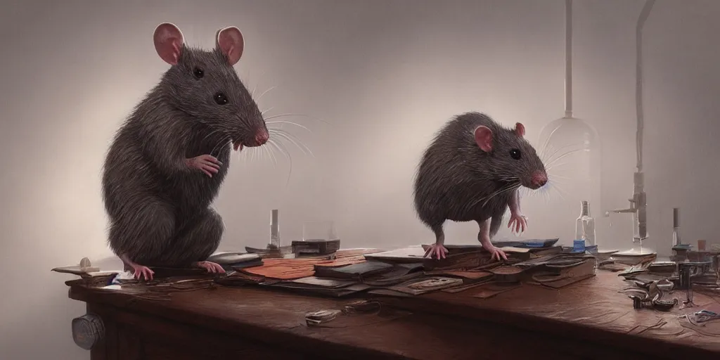 Image similar to highly realistic intricate rat standing on a desk in a laboratory with lots of flasks filled with magic liquids and poisonous fog, stephen bliss, unreal engine, fantasy art by greg rutkowski, loish, rhads, ferdinand knab, ilya kuvshinov, rossdraws, tom bagshaw, global illumination, radiant soft light, detailed and intricate environment