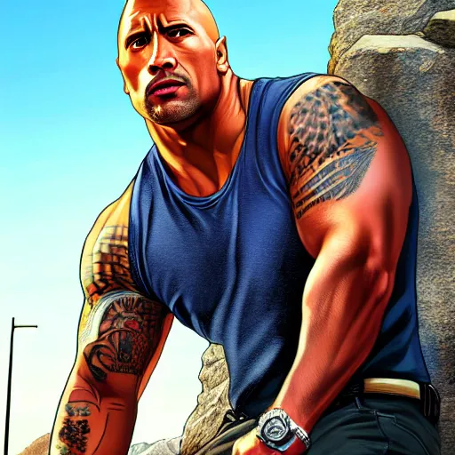 Image similar to dwayne the rock johnson,GTA V cover art by stephen bliss,realistic,professional art,professional lighting,detailed face,4k,hyperdetailed,realistic