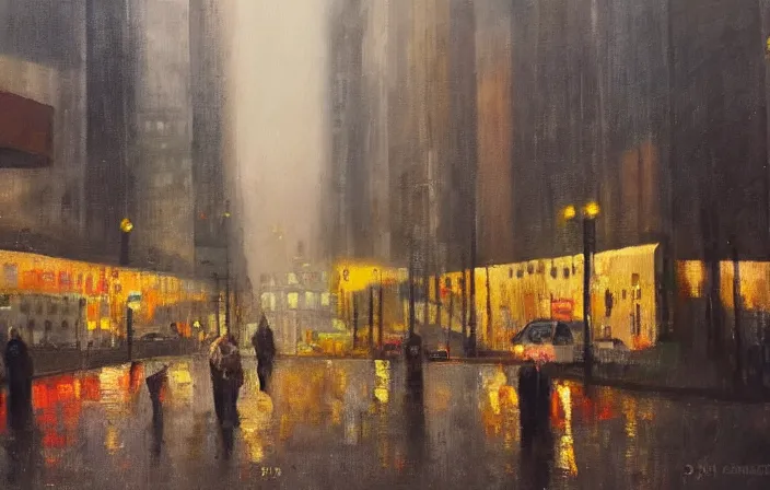 Prompt: an oil painting of a dreary city.