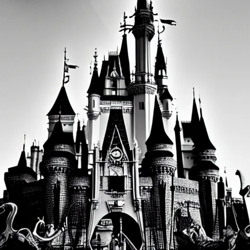 Image similar to the Disney castle made of skulls and bones, nightmare, black and white