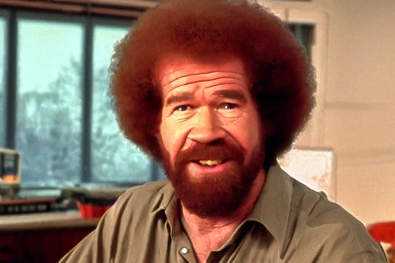 Image similar to a film still of Bob Ross as used car salesman, dramatic lighting